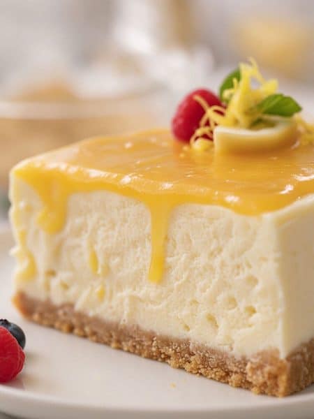 Macro close-up of a slice of creamy no-bake lemon cheesecake with glossy golden lemon curd dripping down the side, garnished with a fresh raspberry and lemon peel