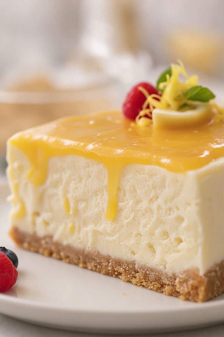 Macro close-up of a slice of creamy no-bake lemon cheesecake with glossy golden lemon curd dripping down the side, garnished with a fresh raspberry and lemon peel