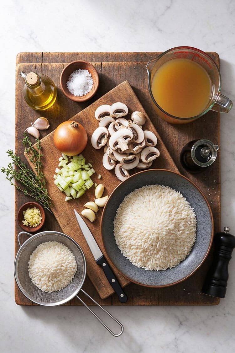 Flatlay arrangement of long grain white rice in a bowl and strainer, sliced cremini mushrooms, diced yellow onions, whole garlic cloves, fresh thyme sprigs, low-sodium vegetable broth in a glass measuring cup, olive oil, and soy sauce on a wooden board