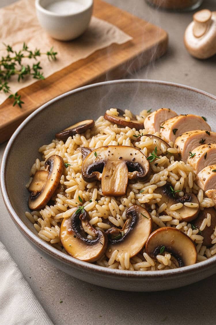 A ceramic bowl filled with steaming one-pot mushroom rice topped with tender golden cremini mushroom slices, fresh thyme, and sliced herb-roasted chicken breast