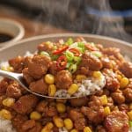 A metal spoon lifting a steaming bite of glossy ground pork, sweet corn, and fluffy white jasmine rice garnished with scallions and red chili slices