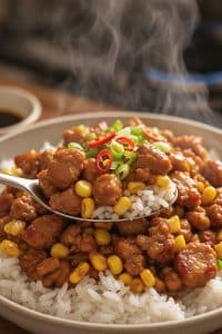 A metal spoon lifting a steaming bite of glossy ground pork, sweet corn, and fluffy white jasmine rice garnished with scallions and red chili slices