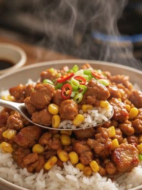 A metal spoon lifting a steaming bite of glossy ground pork, sweet corn, and fluffy white jasmine rice garnished with scallions and red chili slices