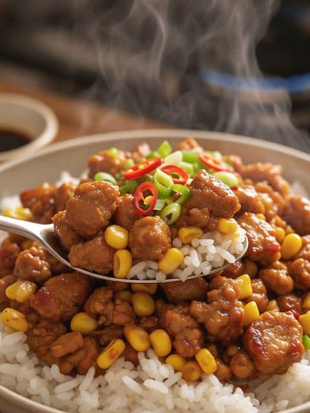 A metal spoon lifting a steaming bite of glossy ground pork, sweet corn, and fluffy white jasmine rice garnished with scallions and red chili slices