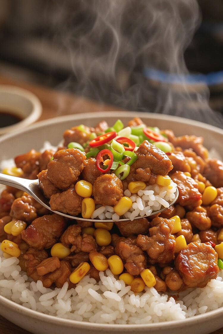 A metal spoon lifting a steaming bite of glossy ground pork, sweet corn, and fluffy white jasmine rice garnished with scallions and red chili slices