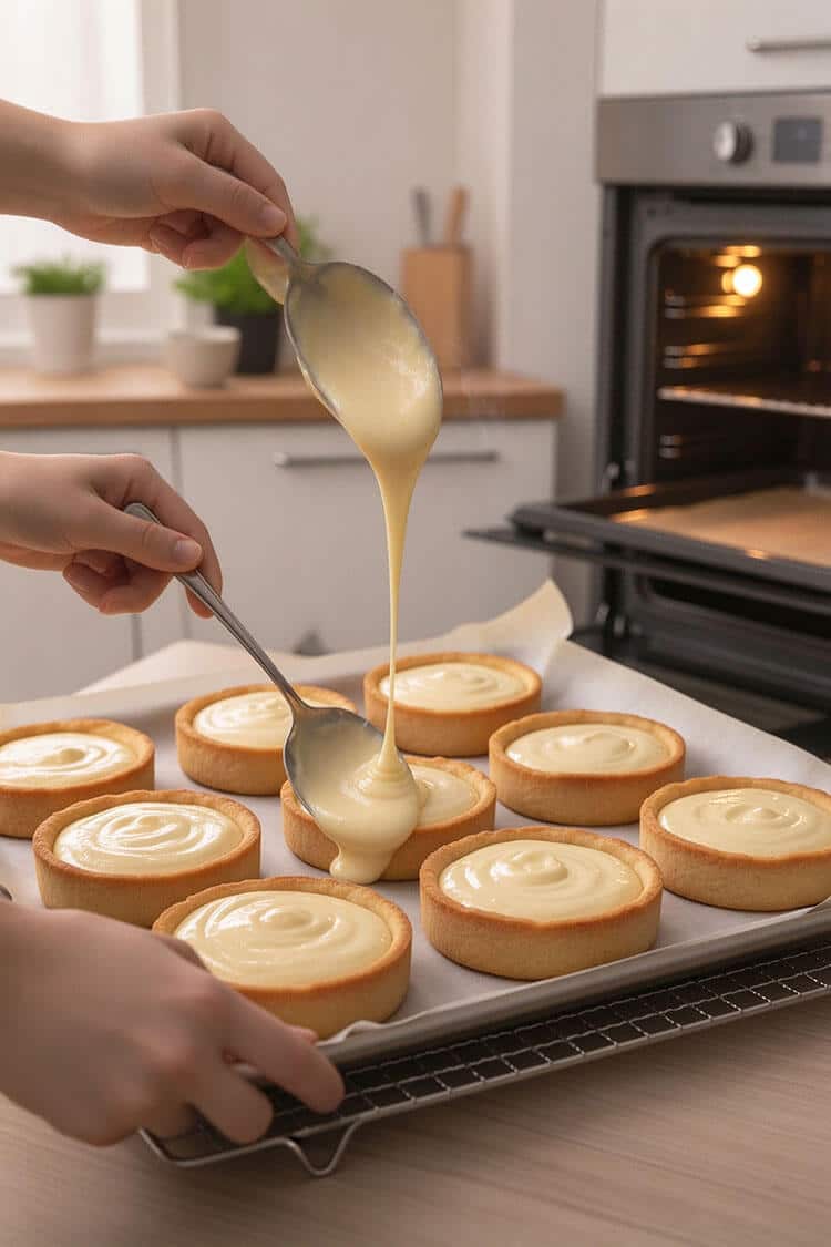 Spoons gently pouring a thick ribbon of creamy cheese custard filling into golden pre-baked shortcrust tart shells on a baking tray