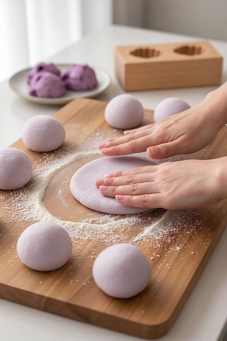 Hands flattening a round lavender dough disc on a floured wooden board surrounded by smooth dough balls and scooped purple filling portions