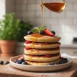 A tall stack of fluffy flourless banana cottage cheese pancakes drizzled with maple syrup