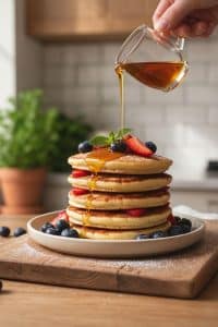 A tall stack of fluffy flourless banana cottage cheese pancakes drizzled with maple syrup