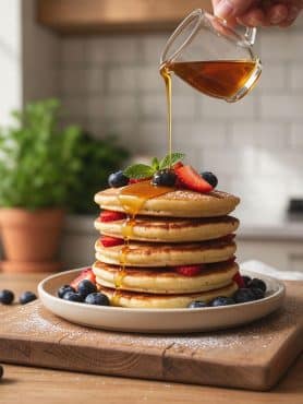 A tall stack of fluffy flourless banana cottage cheese pancakes drizzled with maple syrup