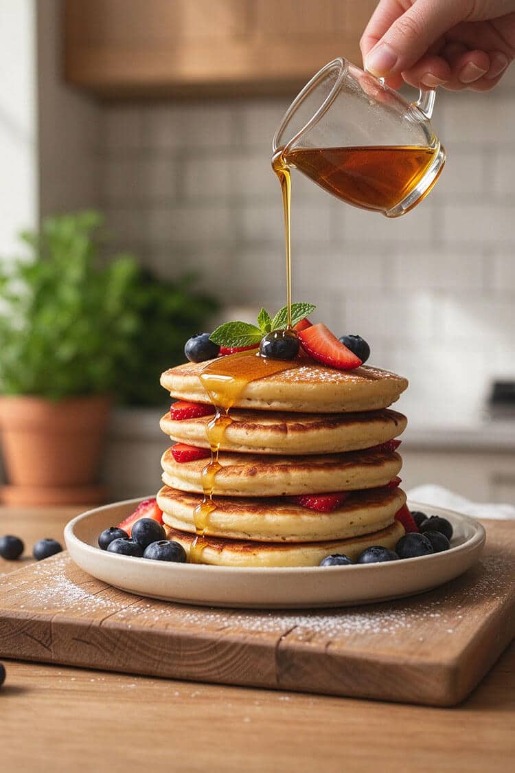 A tall stack of fluffy flourless banana cottage cheese pancakes drizzled with maple syrup