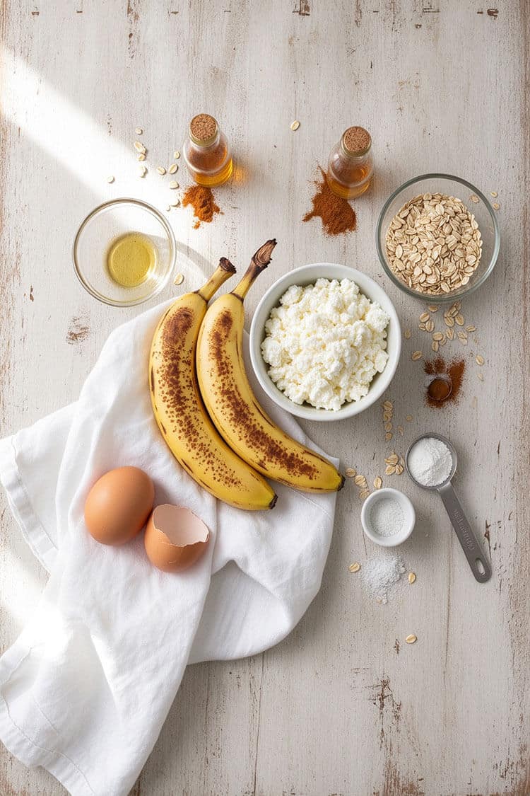 Flatlay of measured ingredients including ripe bananas, cottage cheese, eggs, and rolled oats