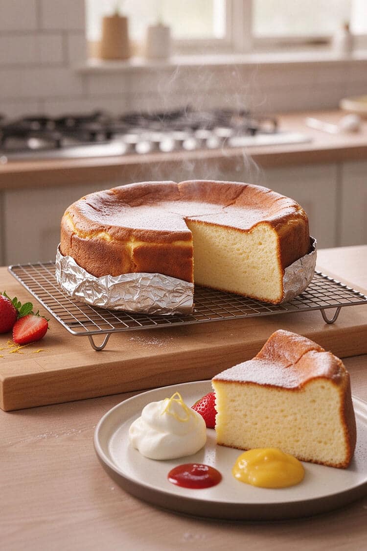 Whole steaming Japanese soufflé cheesecake dusted with powdered sugar on a wire cooling rack with a tender slice plated alongside whipped cream, lemon curd, and strawberry drizzle