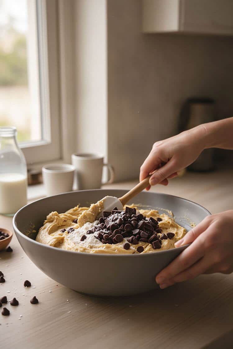 Folding all-purpose flour and semi-sweet chocolate chips into thick cookie dough using a silicone spatula