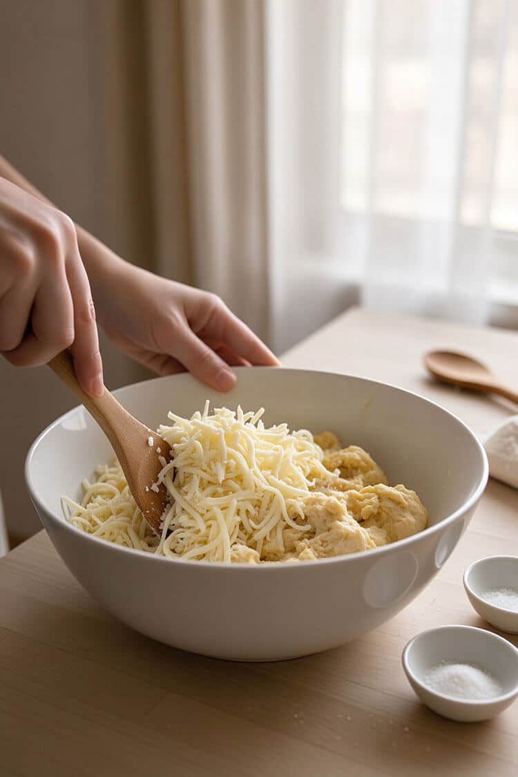 Hands using a wooden spoon to fold a generous mound of shredded mozzarella cheese into soft mochi dough in a white ceramic bowl