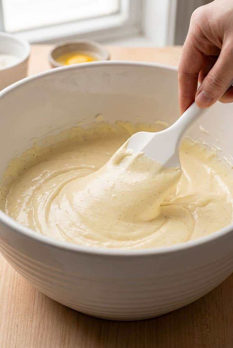 Silicone spatula lifting thick, velvety pale yellow cheesecake batter with pure vanilla bean flecks in a large white ceramic bowl