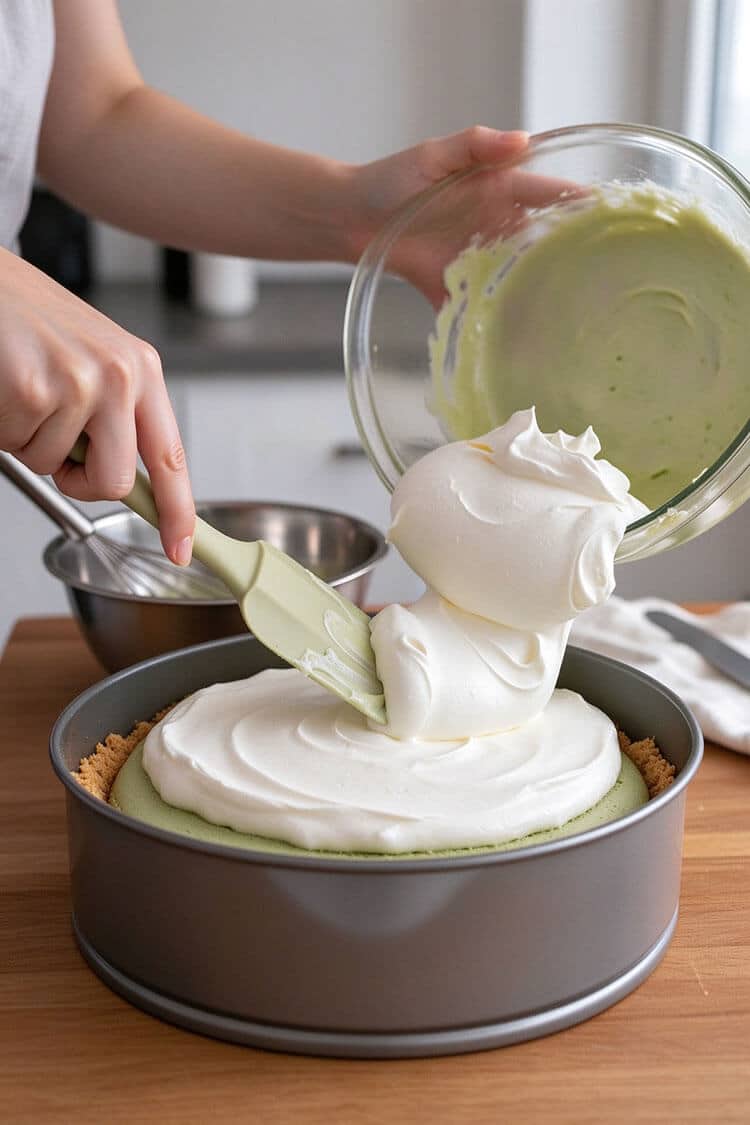 Spatula smoothly spooning a thick, glossy cloud of whipped cream over pale green matcha mousse filling in a springform pan