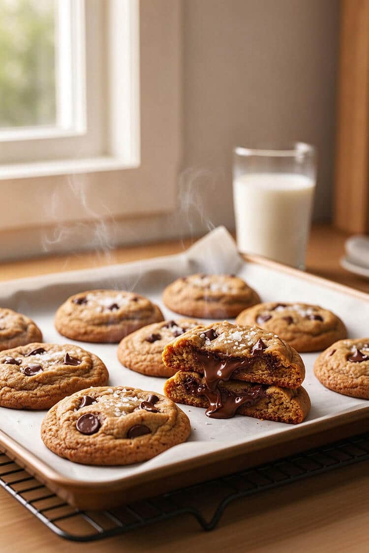 Freshly baked cookies cooling on a wire rack with steam rising and one broken open showing warm melted chocolate