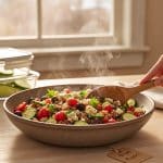 Fresh bowl of Greek quinoa salad with wooden serving spoon and glass meal prep containers in the background