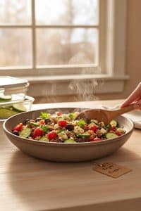 Fresh bowl of Greek quinoa salad with wooden serving spoon and glass meal prep containers in the background