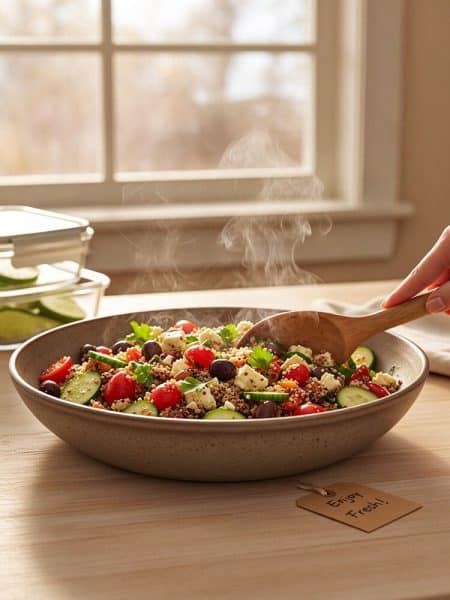 Fresh bowl of Greek quinoa salad with wooden serving spoon and glass meal prep containers in the background