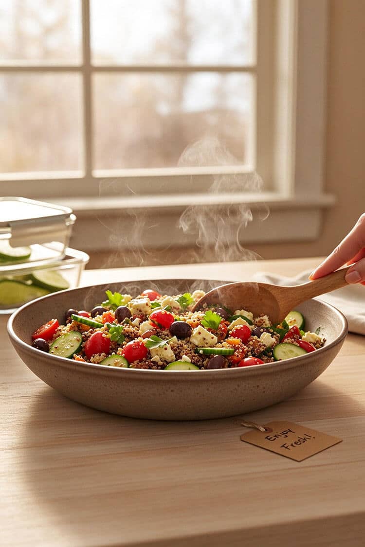 Fresh bowl of Greek quinoa salad with wooden serving spoon and glass meal prep containers in the background