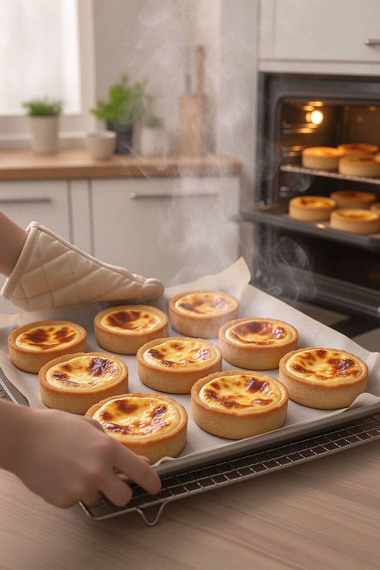 Oven-mitted hands holding a tray of steaming, freshly baked cheese tarts with caramelized golden-brown blistered tops hot from the oven