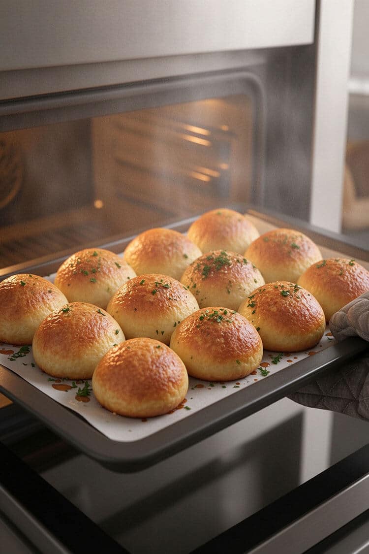 Oven-mitted hands sliding a baking sheet of golden-brown, puffed cheese mochi balls garnished with chopped parsley out of a hot oven