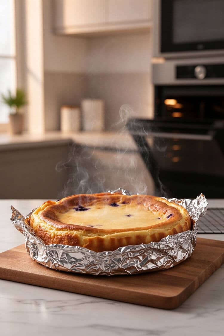Freshly baked golden cheesecake in a foil-lined pan with rising steam cooling on a wooden board in front of an open oven
