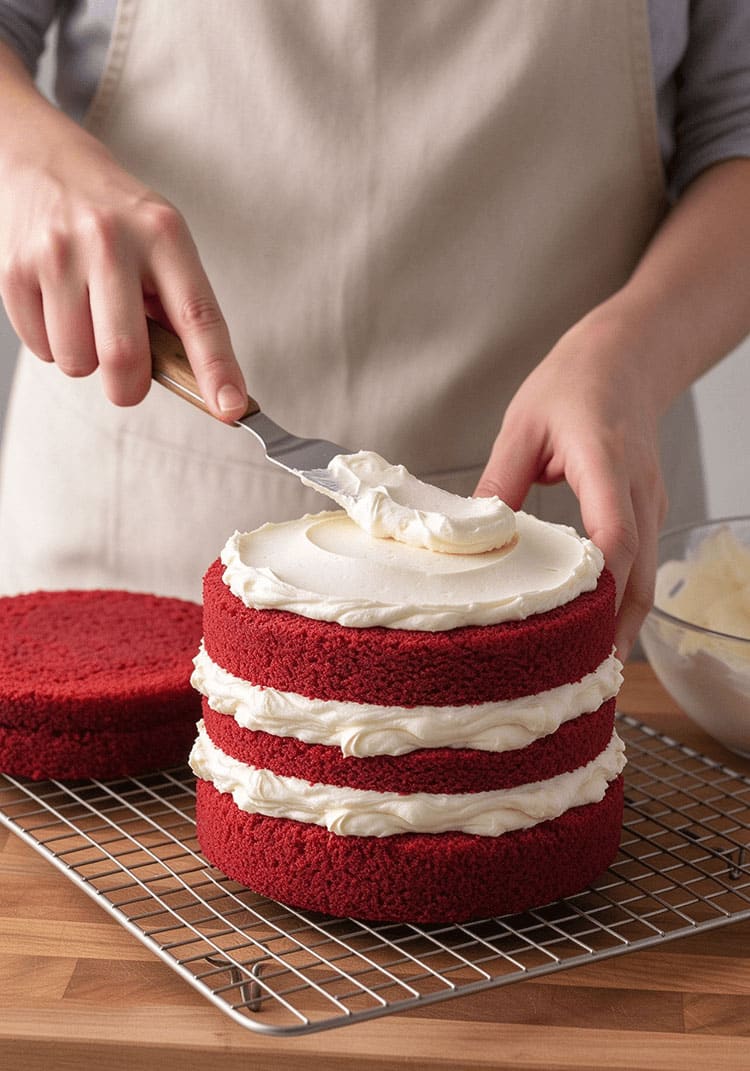 Spreading cream cheese frosting onto stacked red velvet cake layers using offset spatula