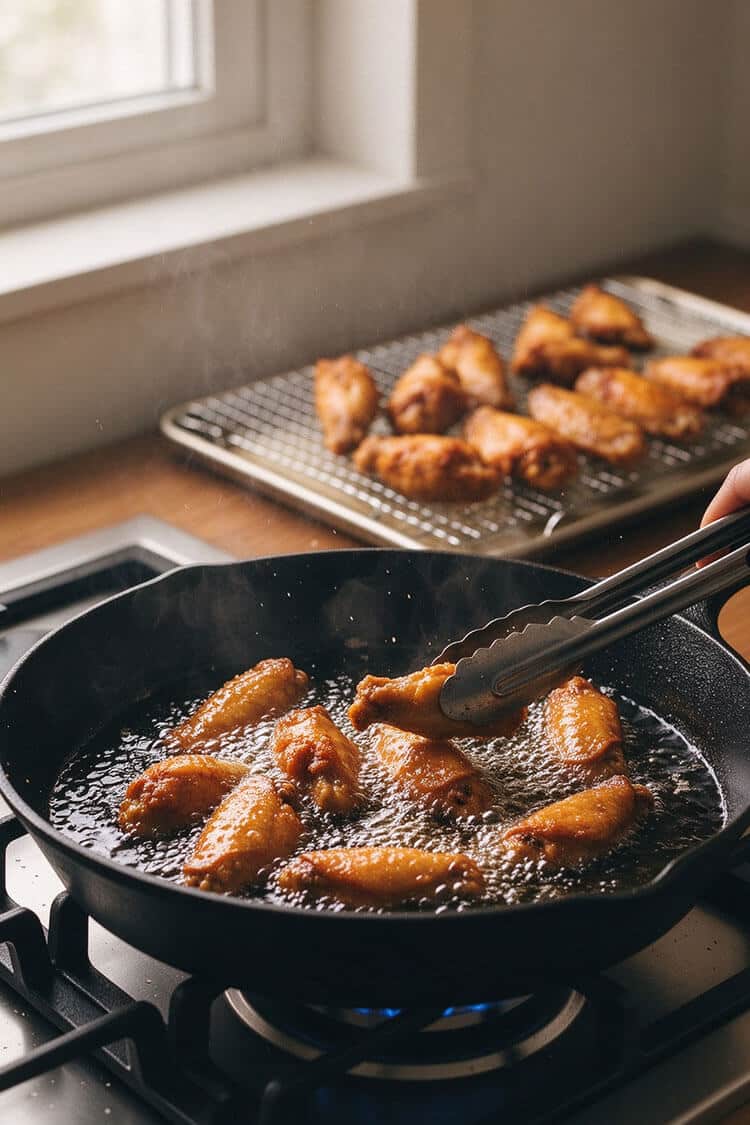 Batches of seasoned chicken wing tips sizzling in bubbling 350°F cooking oil inside a black cast iron skillet on a gas burner