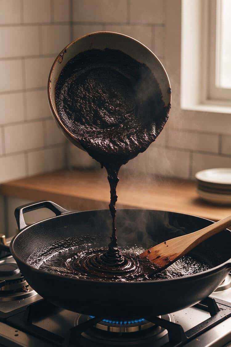 Pouring dark fermented Korean black bean paste chunjang into hot bubbling oil inside a cast iron wok on a gas flame