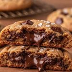 Close-up macro cross-section of a thick chewy chocolate chip cookie stacked with gooey melted chocolate flowing out and flaky sea salt