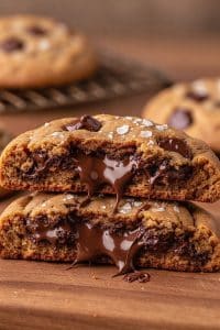 Close-up macro cross-section of a thick chewy chocolate chip cookie stacked with gooey melted chocolate flowing out and flaky sea salt
