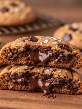 Close-up macro cross-section of a thick chewy chocolate chip cookie stacked with gooey melted chocolate flowing out and flaky sea salt