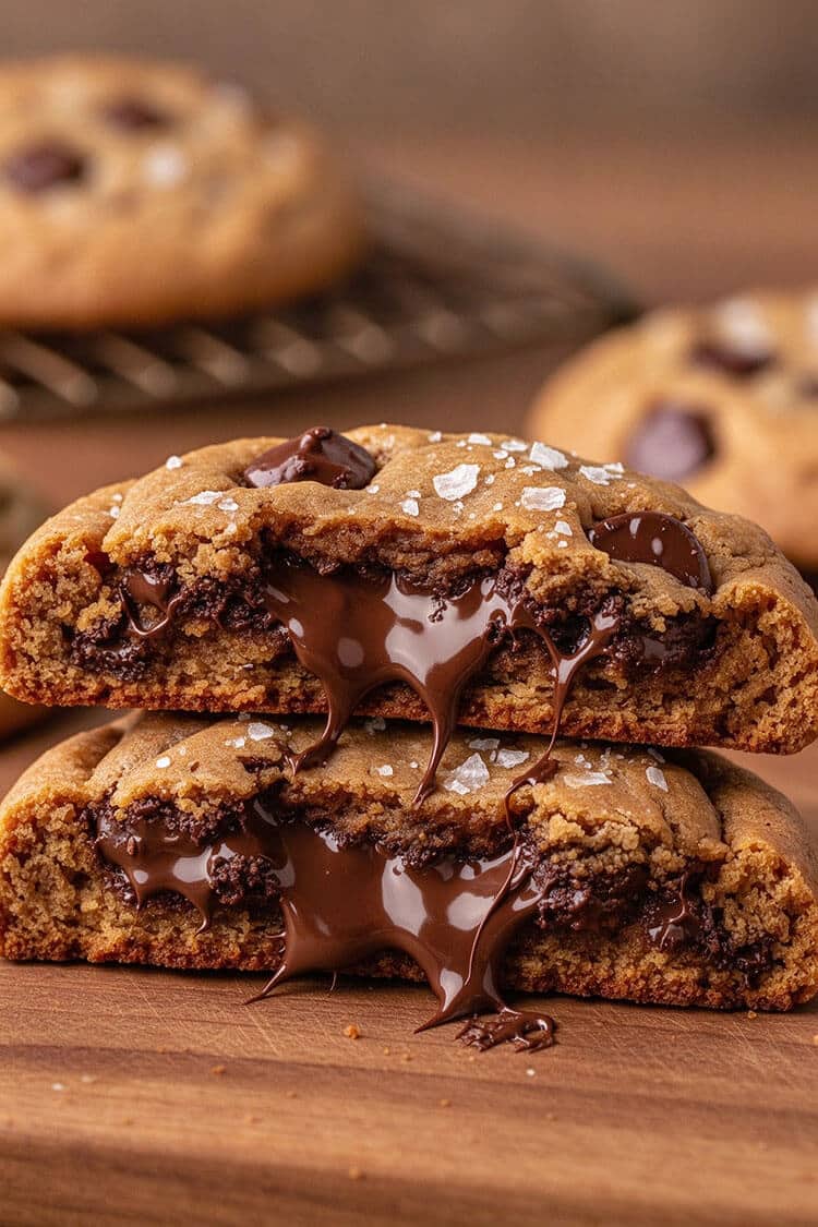 Close-up macro cross-section of a thick chewy chocolate chip cookie stacked with gooey melted chocolate flowing out and flaky sea salt
