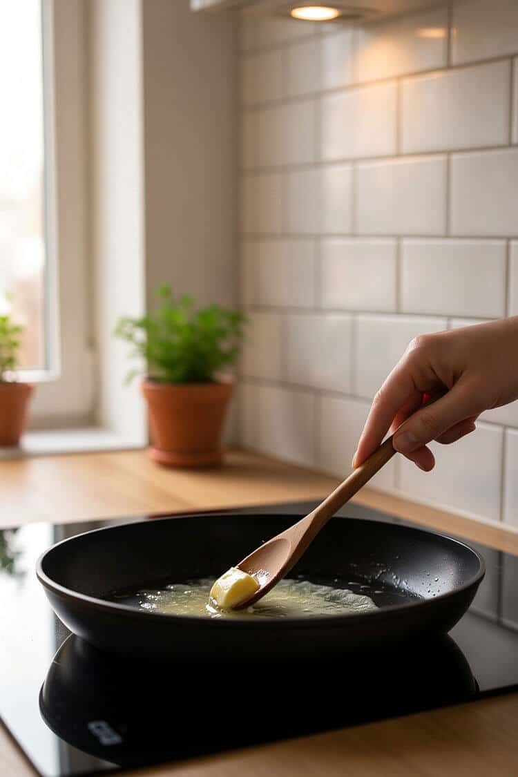 Melting a knob of butter with a wooden spoon in a nonstick skillet