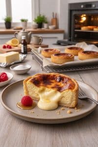 A sliced golden baked cheese tart on a rustic ceramic plate showing a rich, molten cream cheese center flowing onto the plate beside a fresh raspberry