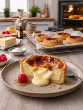 A sliced golden baked cheese tart on a rustic ceramic plate showing a rich, molten cream cheese center flowing onto the plate beside a fresh raspberry