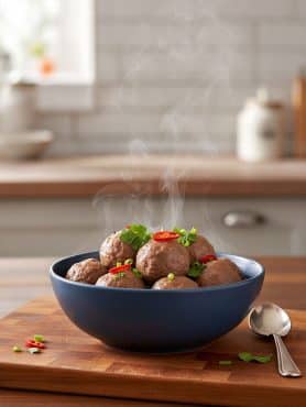 Steaming hot bouncy beef balls piled in a blue bowl garnished with sliced red chili, scallions, and cilantro on a wooden board