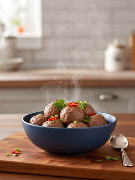 Steaming hot bouncy beef balls piled in a blue bowl garnished with sliced red chili, scallions, and cilantro on a wooden board