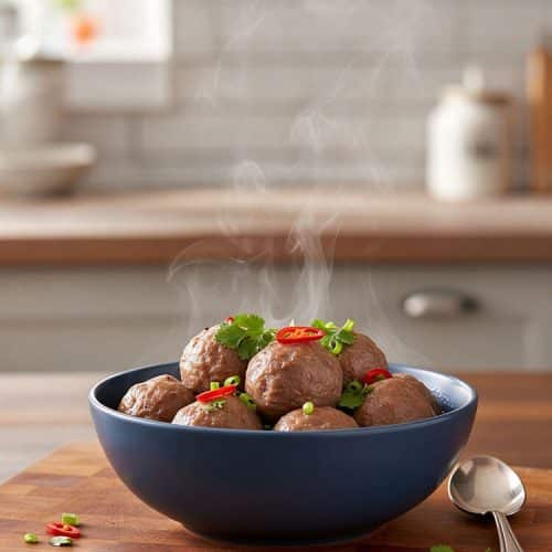 Steaming hot bouncy beef balls piled in a blue bowl garnished with sliced red chili, scallions, and cilantro on a wooden board