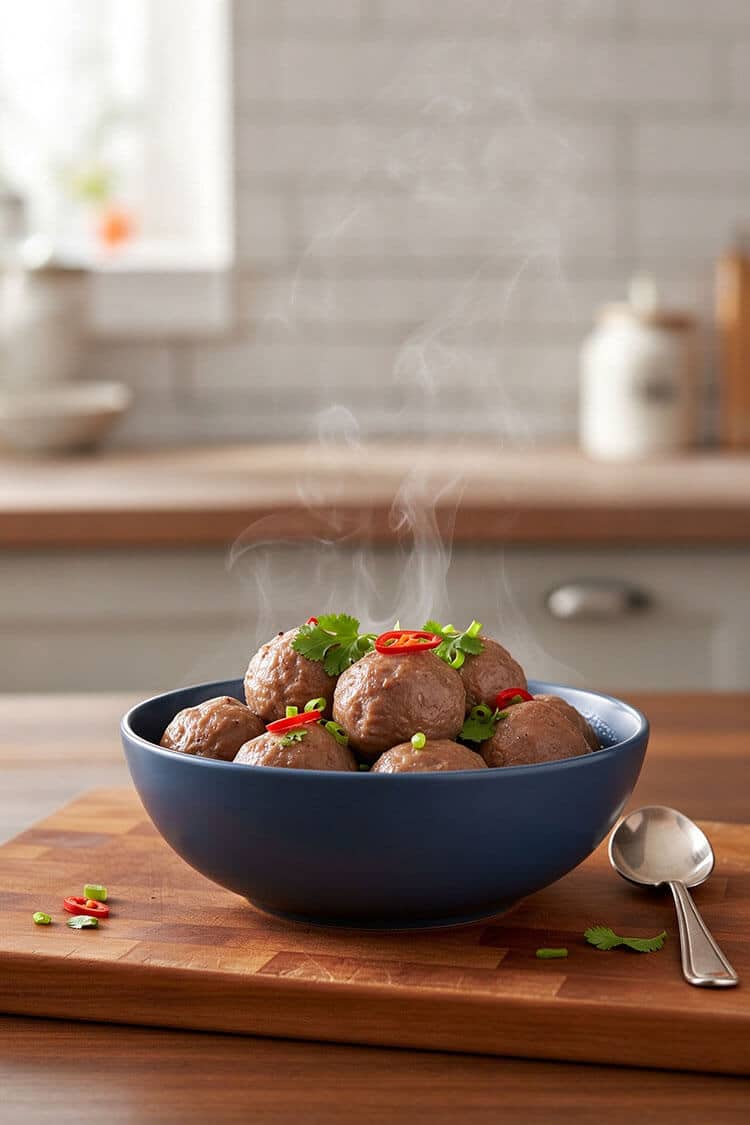 Steaming hot bouncy beef balls piled in a blue bowl garnished with sliced red chili, scallions, and cilantro on a wooden board