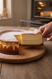 A cake server lifting a clean slice out of a whole 6-inch Japanese double fromage cheesecake dusted with powdered sugar on a wooden board