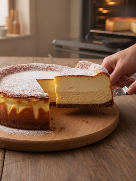 A cake server lifting a clean slice out of a whole 6-inch Japanese double fromage cheesecake dusted with powdered sugar on a wooden board