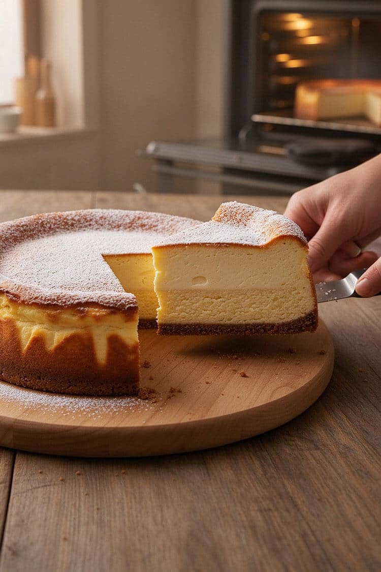 A cake server lifting a clean slice out of a whole 6-inch Japanese double fromage cheesecake dusted with powdered sugar on a wooden board