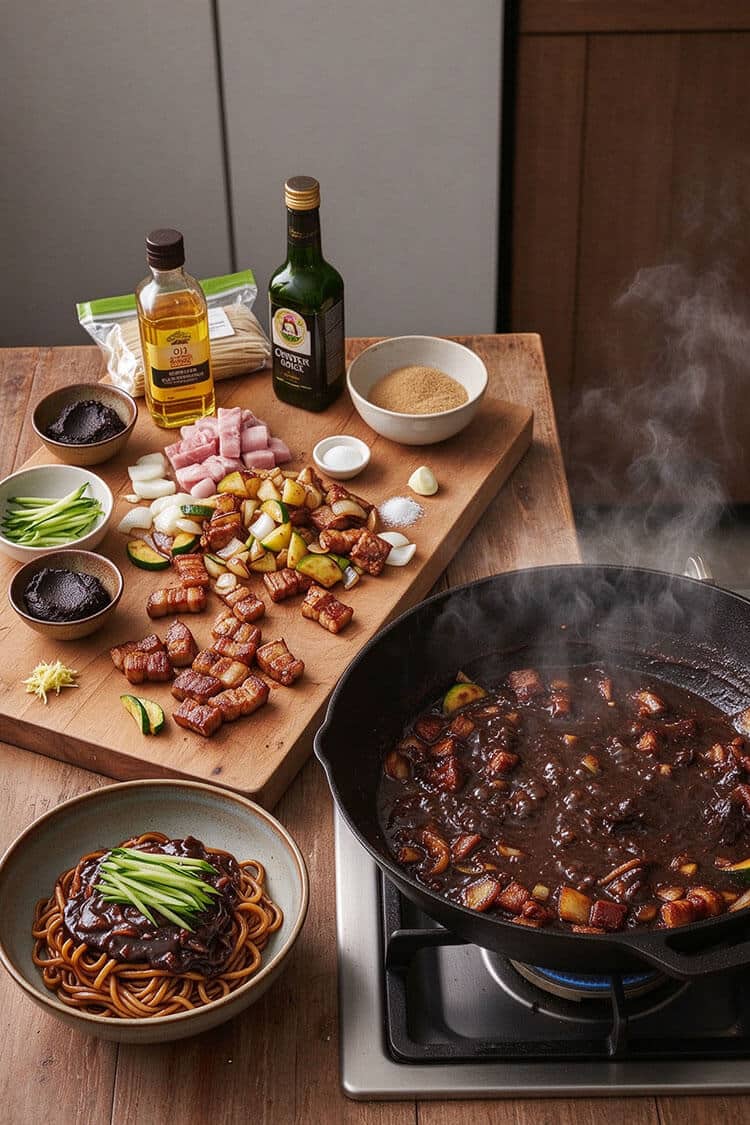 A rustic kitchen table with a wooden board of prepped vegetables, browned pork belly, a wok simmering with rich black bean sauce, and a finished bowl of sauced noodles with cucumber