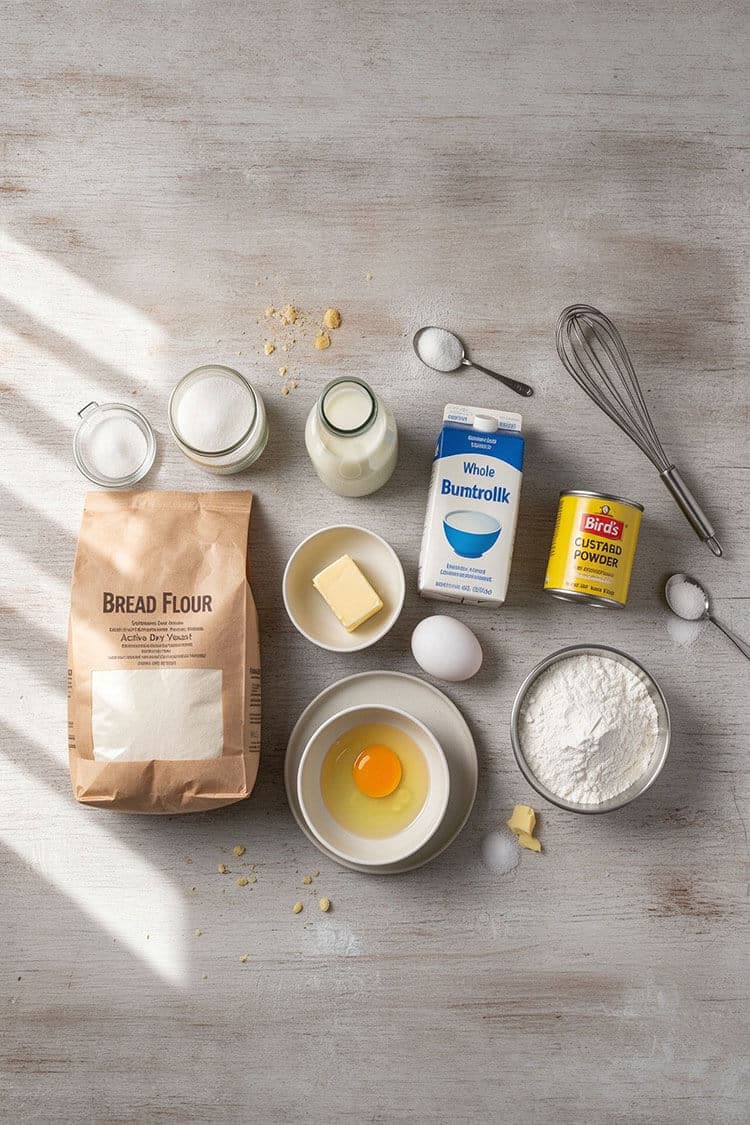 Overhead flatlay of bread flour bag, Bird’s custard powder tin, whole milk, softened butter, egg, yeast, and sugar on a rustic surface