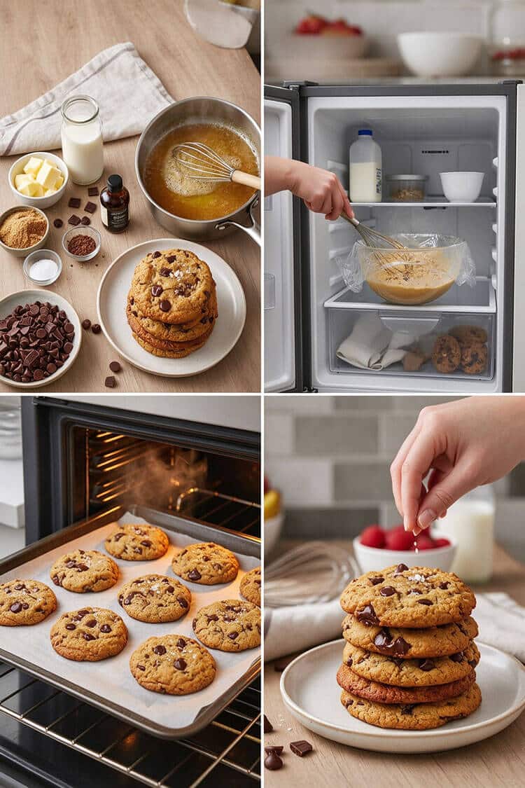 Four-panel collage showing brown butter cookie ingredients, chilling dough in fridge, cookies baking in oven, and sprinkling flaky salt