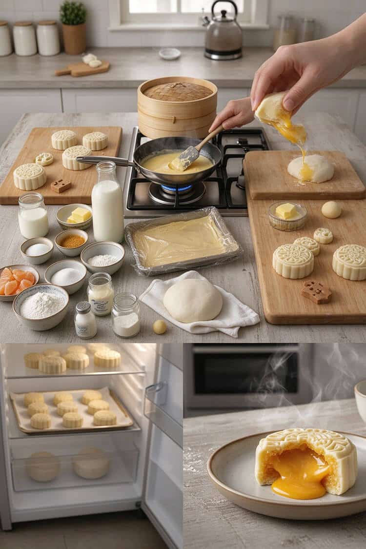 4-panel process collage showing custard simmering in a pan, wrapping the filling, chilling in the fridge, and steaming molten lava mooncake half